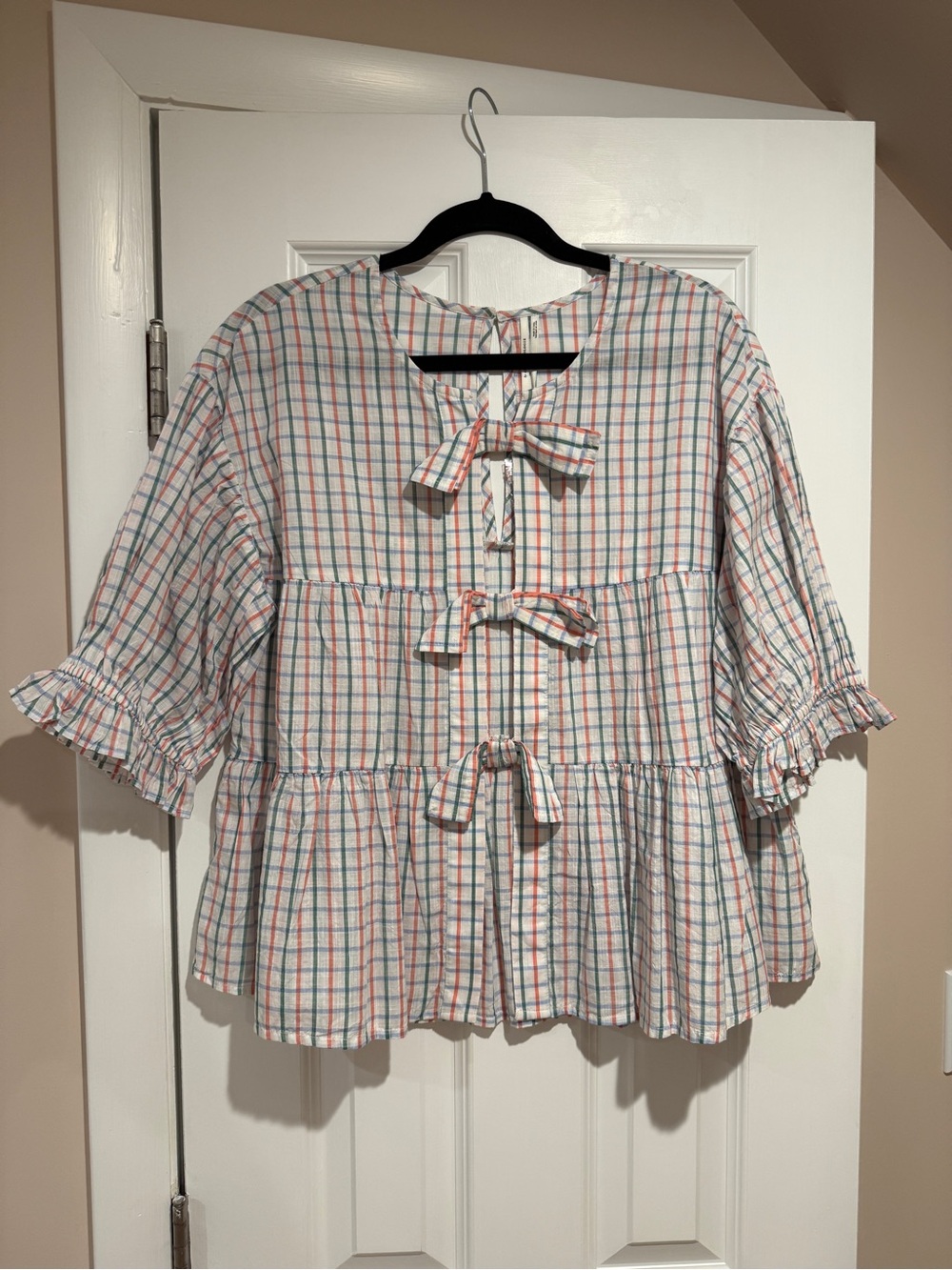 NWT Anthropologie Checkered Bow Blouse, Size Medium